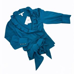 Diane von Furstenberg (DVF) 100% Silk Ruffle Wrap Top Teal Blue Size 10 NWT